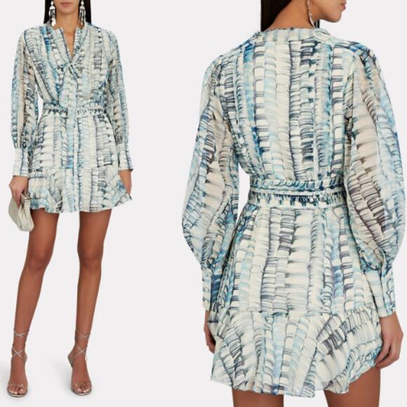 NEW Alexis Abstract Long Sleeve Zayd Blue Belted Printed Georgette Mini Dress